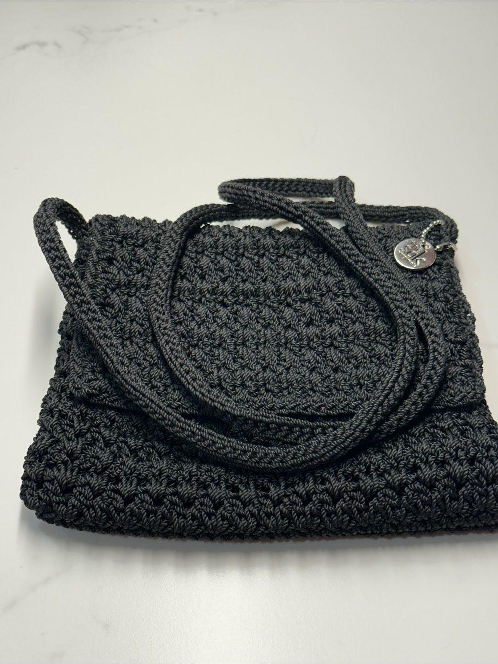 🌹The Sak Mini Black Flap Crochet Crossbody Bag Peace Print Floral Interior - Picture 6 of 7